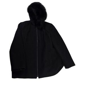 Herman Kay Black Wool Blend Coat Fur Hood Zip Front Women's XL